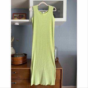 Noblu Ribbed Knit Lime Green Maxi Dress Lagenlook Minimalist Size S/M